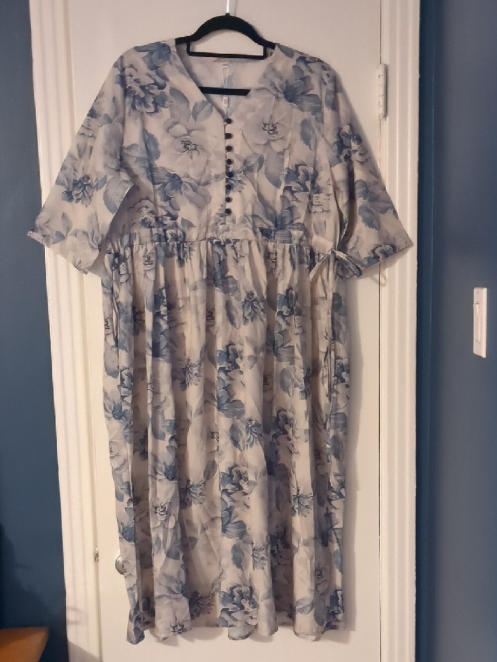 White & Blue Floral Button-Front Midi Dress